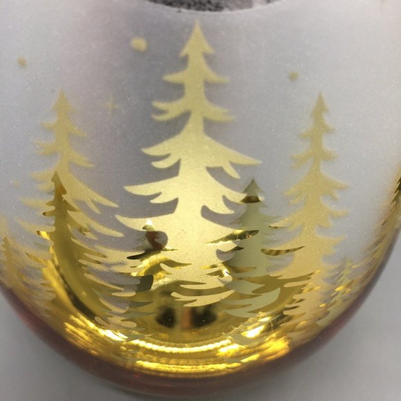 x4 Christmas Gold Pine Trees Stemless Wine Glass Set Frosted Winter Forest Stars - Picture 8 of 9